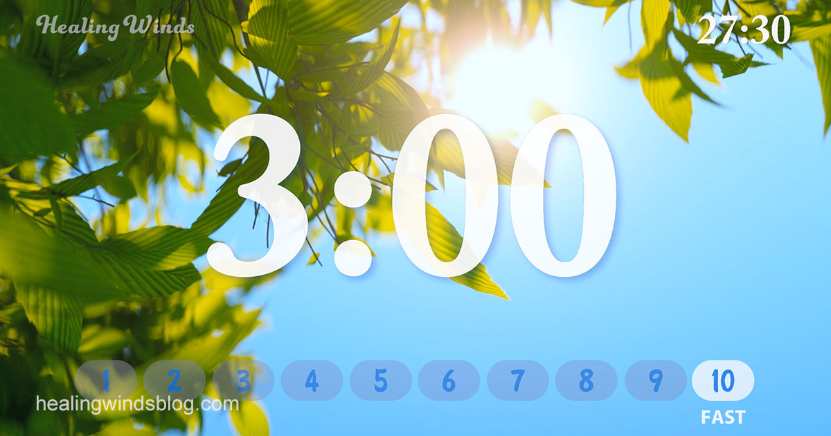 新緑の葉と青空を背景にした3分タイマー画面。画面中央に大きく「3:00」のタイマー表示